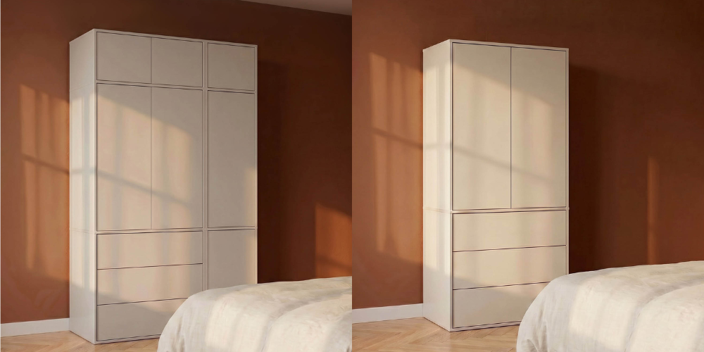 Two cream-coloured wardrobes side by side, handleless, in front of a terracotta-coloured wall with sunlight and window shadows