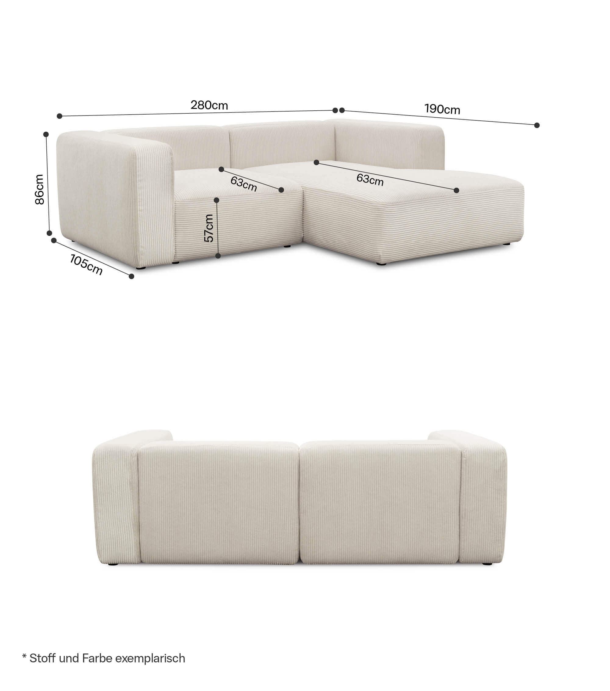 Ecksofa 3-Sitzer 'Cubo' (kleines L) Ecksofa Cord Eckcouch 3-Sitzer Sofa Modulsofa 'Cubo'