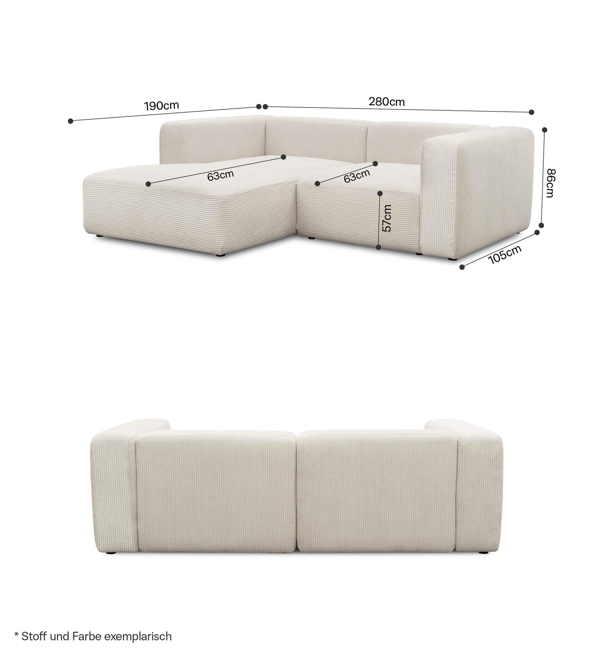 Ecksofa 3-Sitzer 'Cubo' (kleines L) Ecksofa Cord Eckcouch 3-Sitzer Sofa Modulsofa 'Cubo'