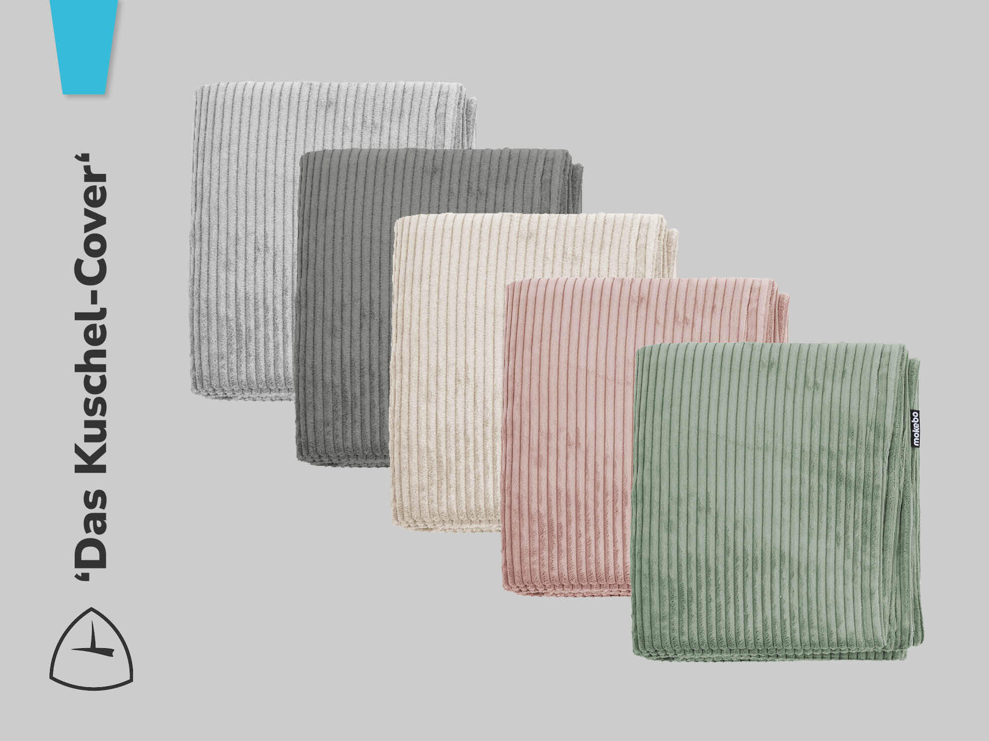 Fünf Cord Cover für Sitzsack 'Das Kuschel-Cover' in rose, salbei, creme, grau und anthrazit neben - und hintereinander 