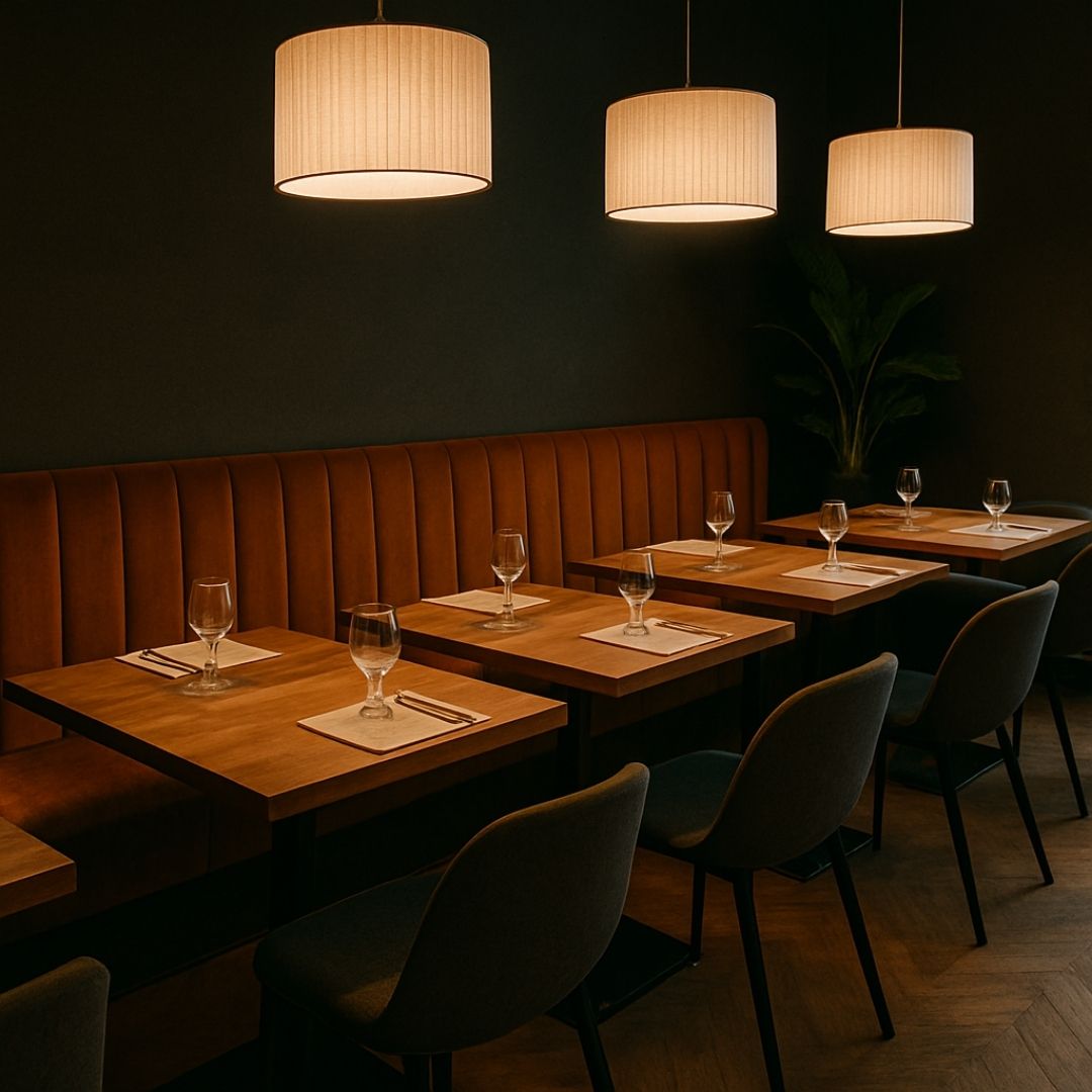 Restaurant Raum kleine Tische mit Stühlen und Sitzbank aneinander gereiht 