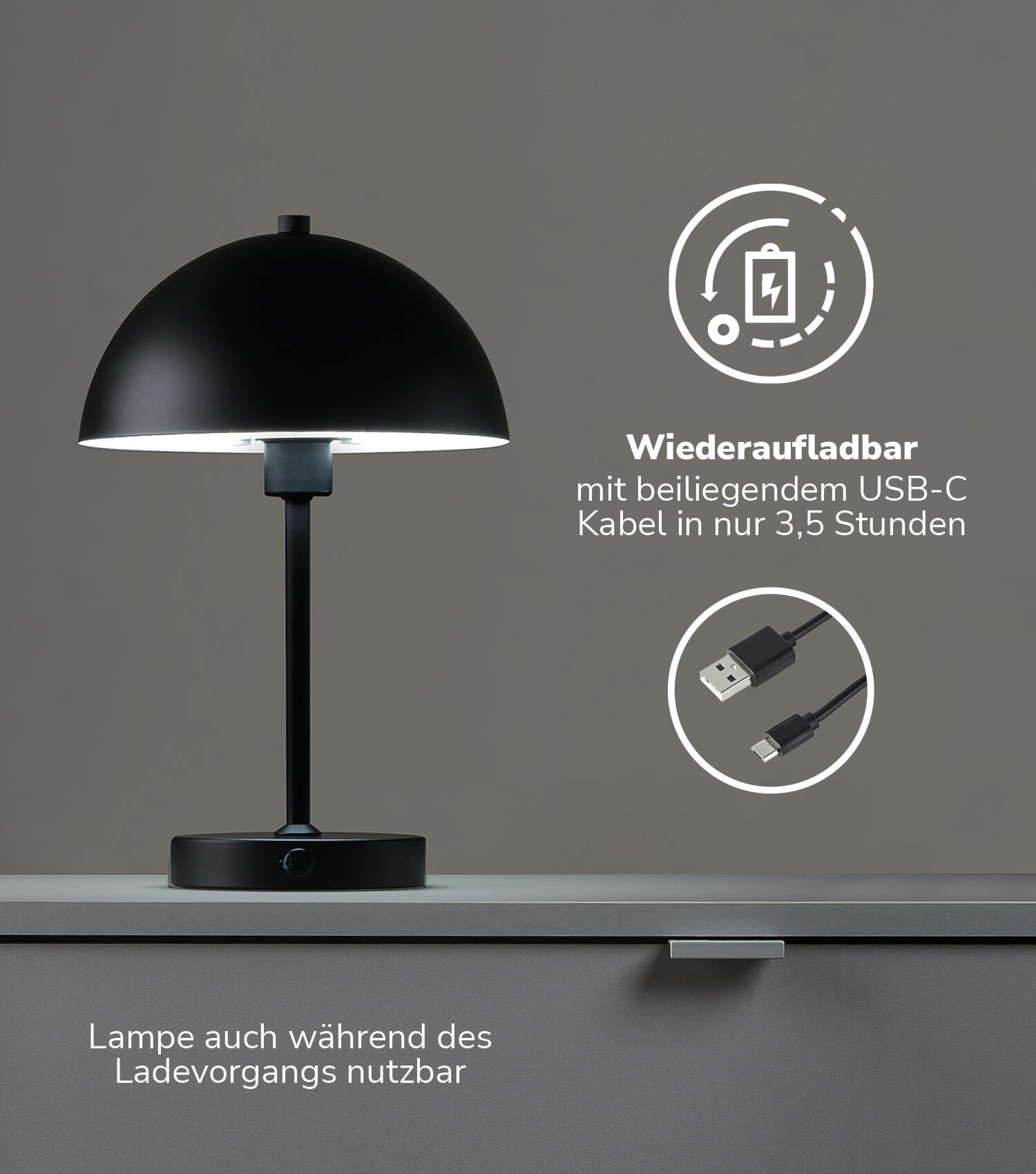 Tischlampe kabellos Akku Tischleuchte dimmbar aufladbar Nachttischlampe